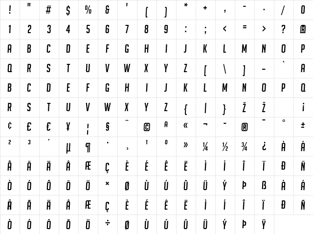 BigNoodleTitling Oblique  glyph index