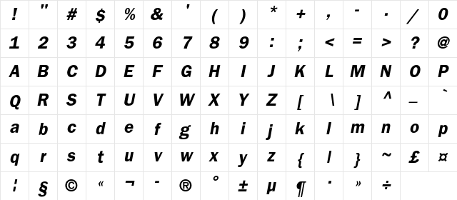 BloknotC Bold Italic  glyph index