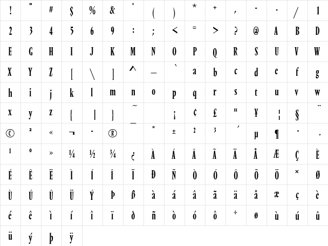 VendomeTRegCon Regular  glyph index