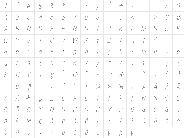 Helvetica Neue LT Regular  glyph index