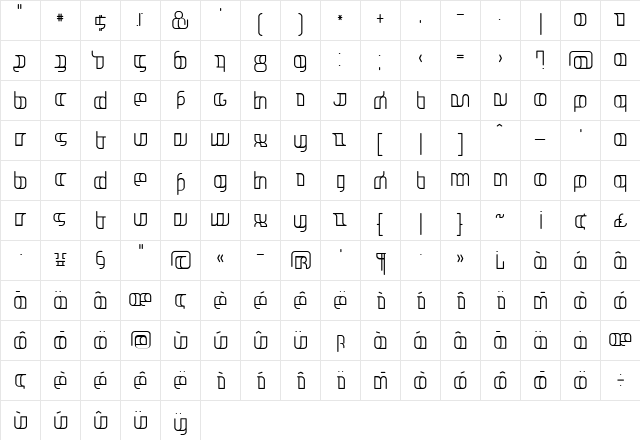 Jakone Condensed  glyph index