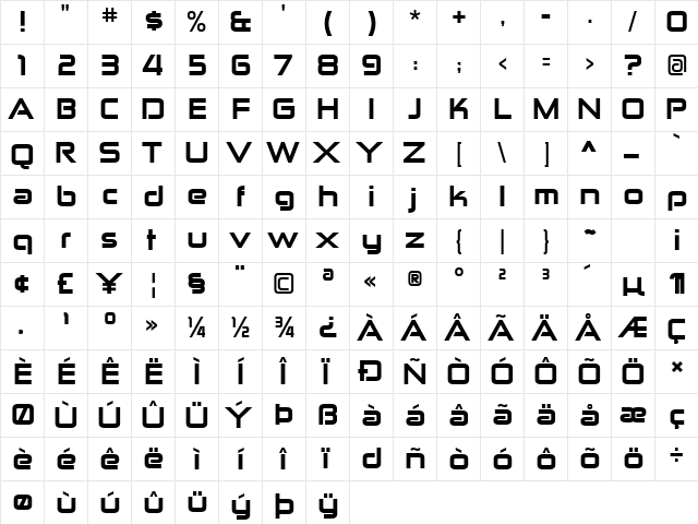 Zekton ExHv Regular  glyph index