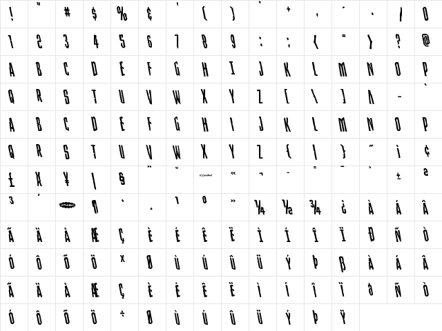 Stranger Danger Leftalic Italic  glyph index