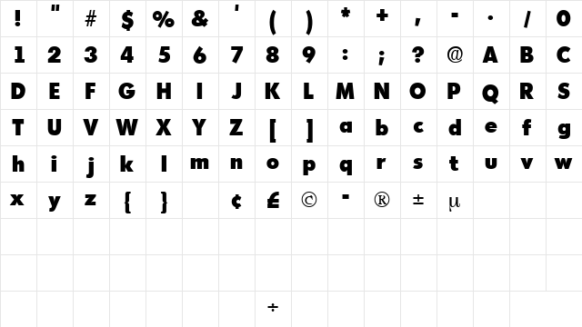 AdmisiDisplaySSK Regular  glyph index