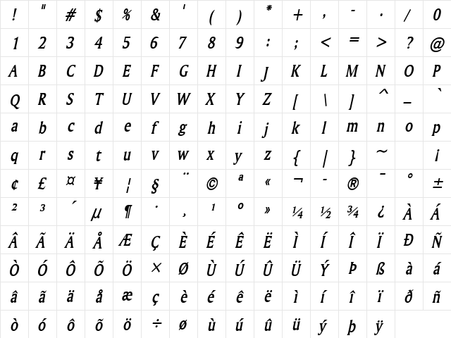 Ameretto Condensed BoldItalic  glyph index