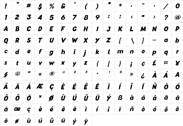 Baby School Italic  glyph index