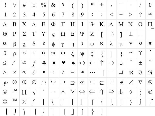 Symbol Regular  glyph index