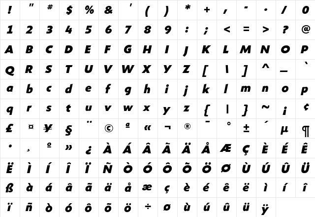 ShinnExtraBoldItalic Regular  glyph index