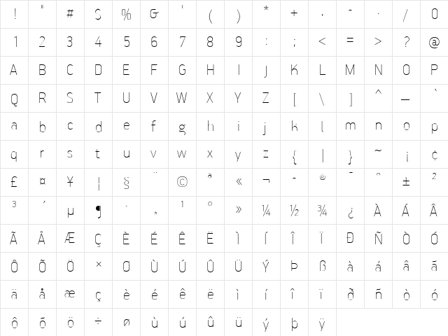 PF Handbook Pro Extra Thin  glyph index