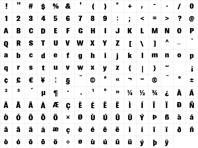 BrownHeavy Regular  glyph index