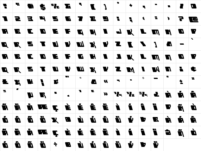 Space Runner Leftalic Regular  glyph index