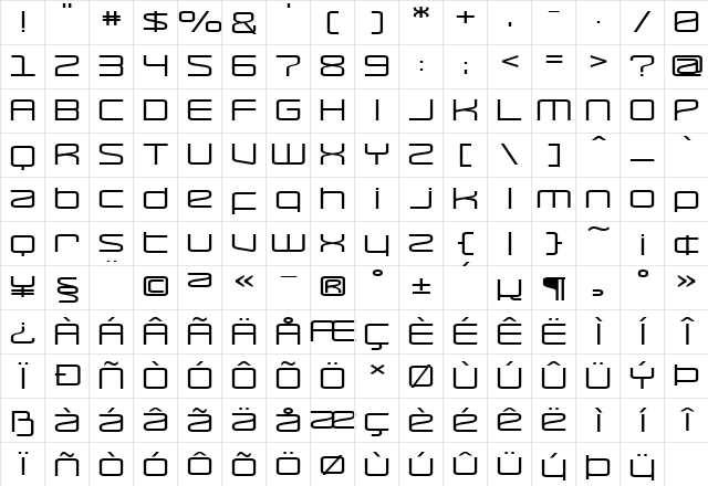 RaveParty Wide Regular  glyph index