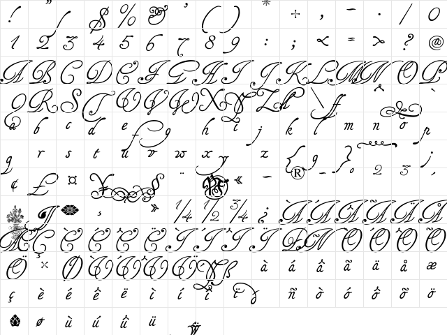 Tagettes Regular  glyph index