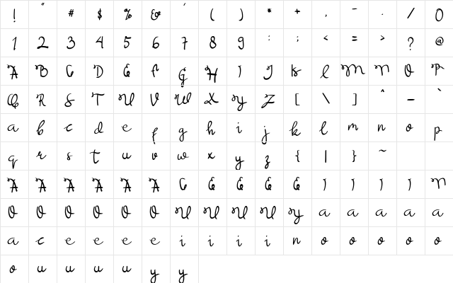 Bougenville Regular  glyph index