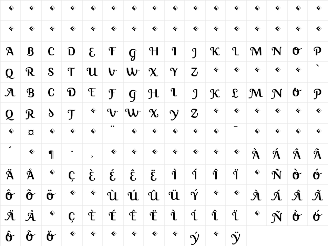 Jackie-Swash Regular  glyph index