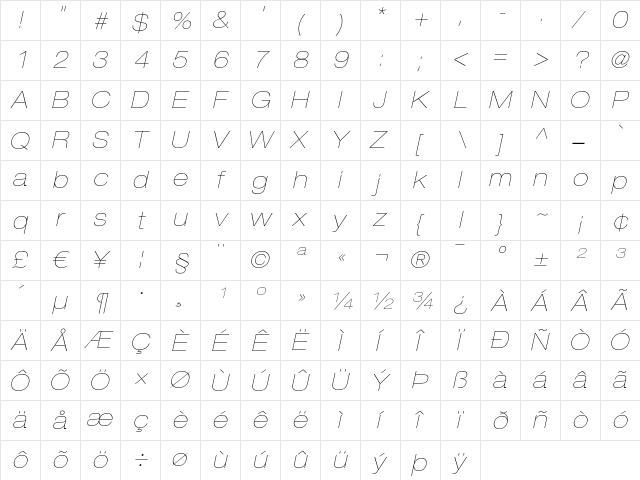 Helvetica Neue LT Regular  glyph index