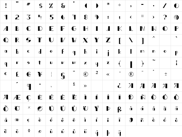 P22 Art Deco Display Regular  glyph index