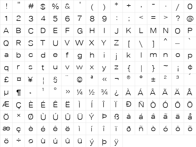 Lunchtype24 Expanded Light  glyph index