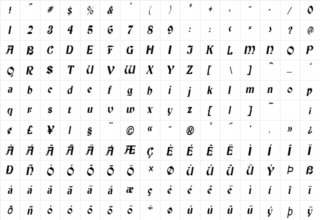 Brandywine-Condensed Italic  glyph index