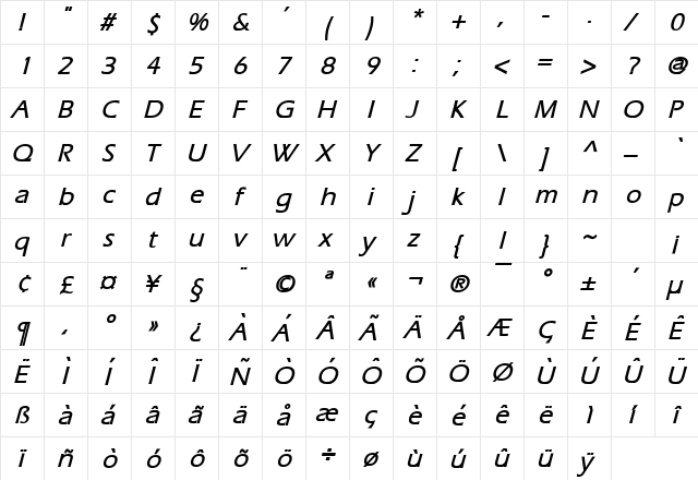 Eric Bold Italic  glyph index