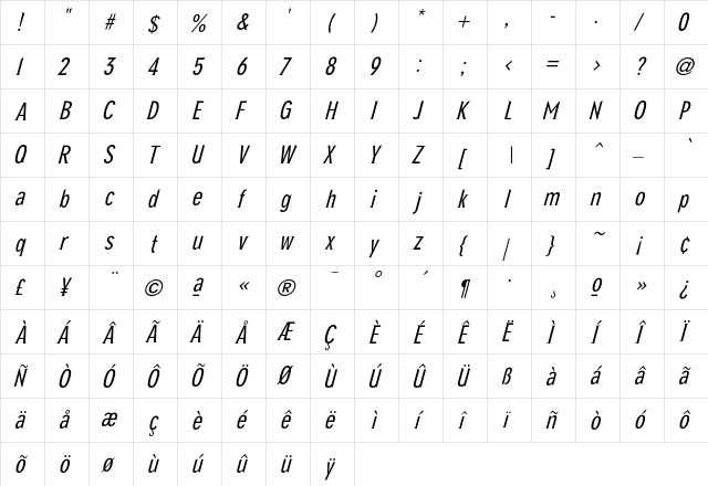 NewGlobalLight Italic  glyph index