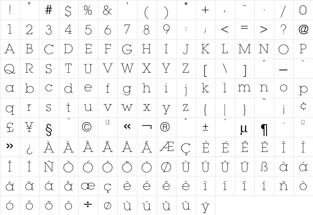 Lubalin XLight  glyph index