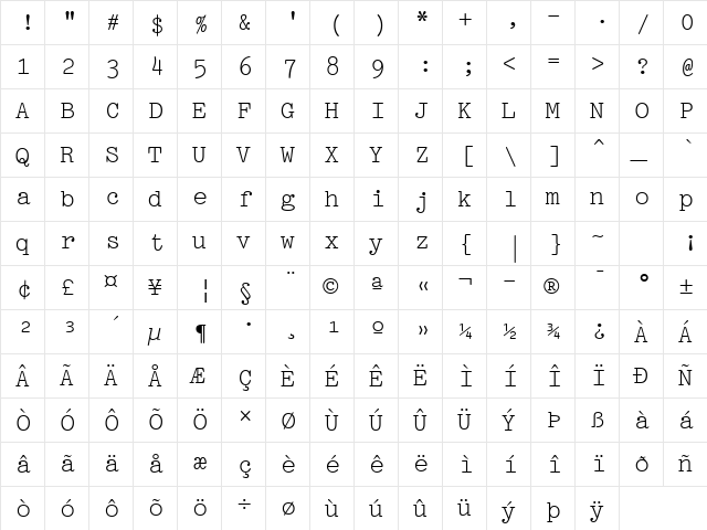 Pica10 BT Roman  glyph index