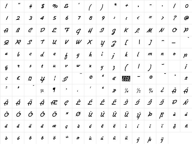 Gallante Regular  glyph index