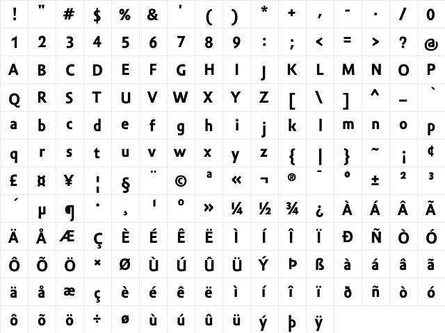 Amor Sans Text Pro Bold  glyph index