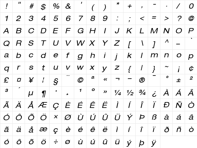 Helvetica53-Extended RomanItalic  glyph index