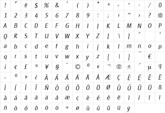Glasgow-LightIta Regular  glyph index