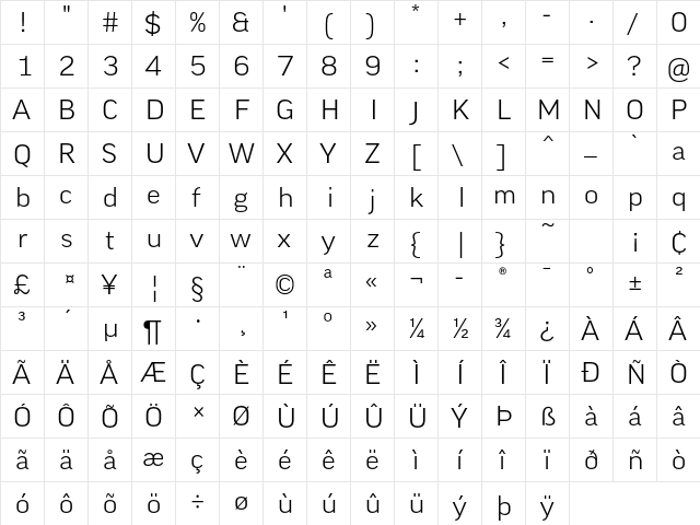 GoodOT WideLight  glyph index