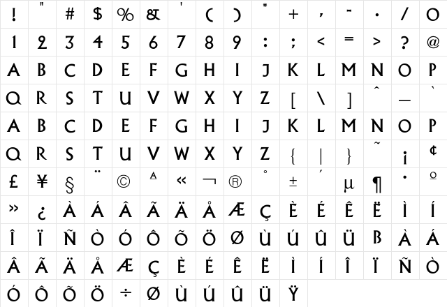 Alexander Titling  glyph index