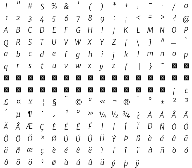 Merriweather Sans Light Italic  glyph index