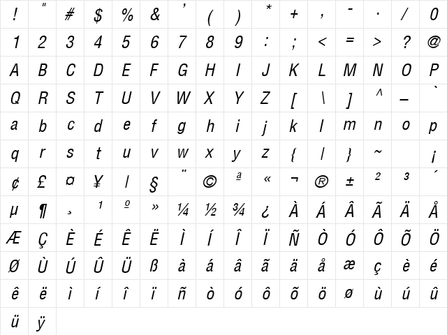 Switzerland Condensed Italic  glyph index