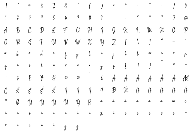 Impossible Reguler  glyph index