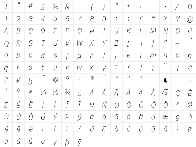 Burbank Small Light Italic  glyph index