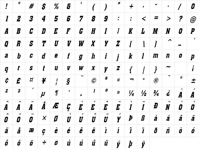 Ache Condensed BoldItalic  glyph index