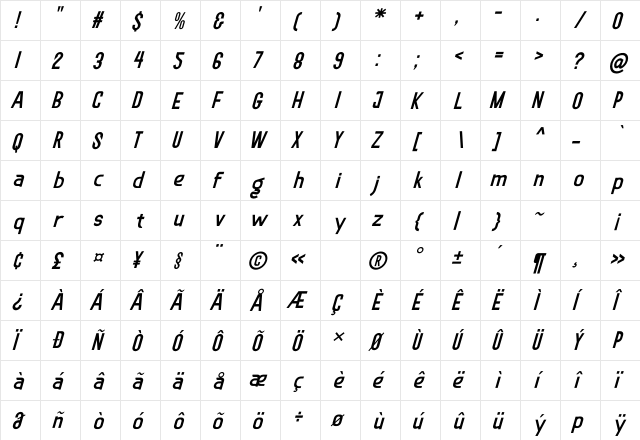 Soegja Italic  glyph index