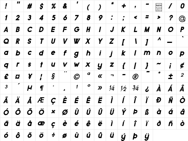 Typo Grotesk Black Italic  glyph index