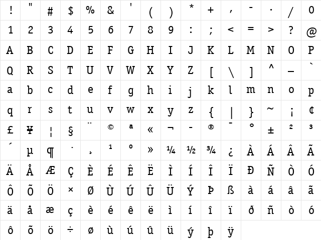 ITCOfficinaSerif LT Book Regular  glyph index