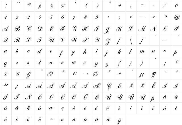 Commercial Script  glyph index