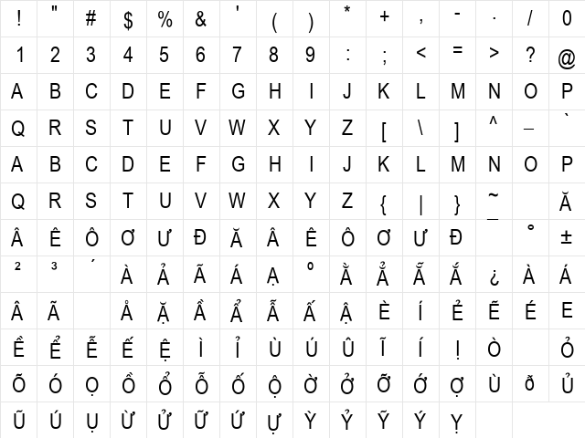 .VnArial NarrowH Regular  glyph index