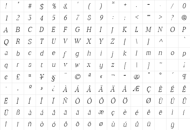 ToledoLH Italic  glyph index
