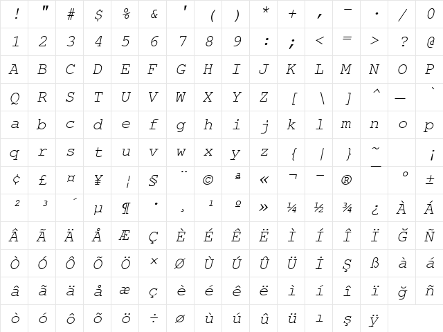 NimbusMonLTU Italic  glyph index