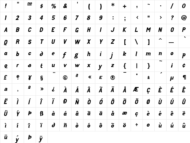 Tenko Regular  glyph index