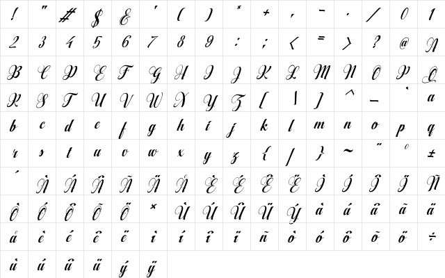 AqualitaItalic Regular  glyph index