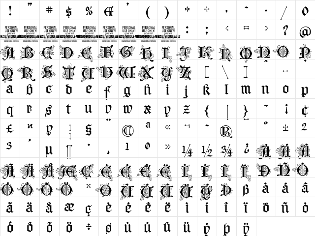 Middle Ages Deco PERSONAL USE Regular  glyph index