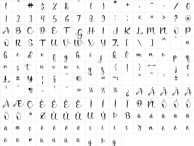 Valentina Regular  glyph index