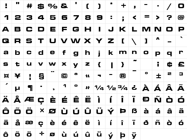 Microgramma Becker Bold Extd Regular  glyph index